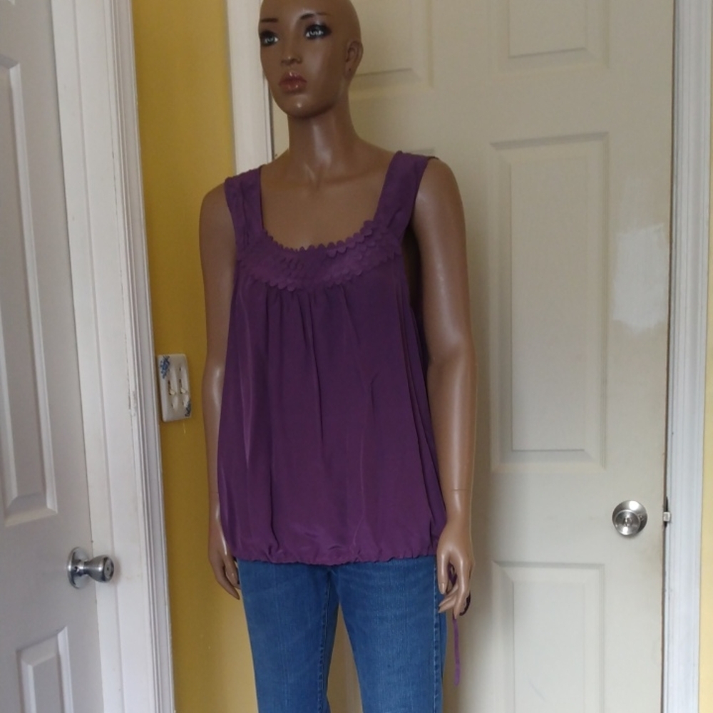 Purple 100% Silk Top Size XL Sleeveless Drawstring Bottom NWOT